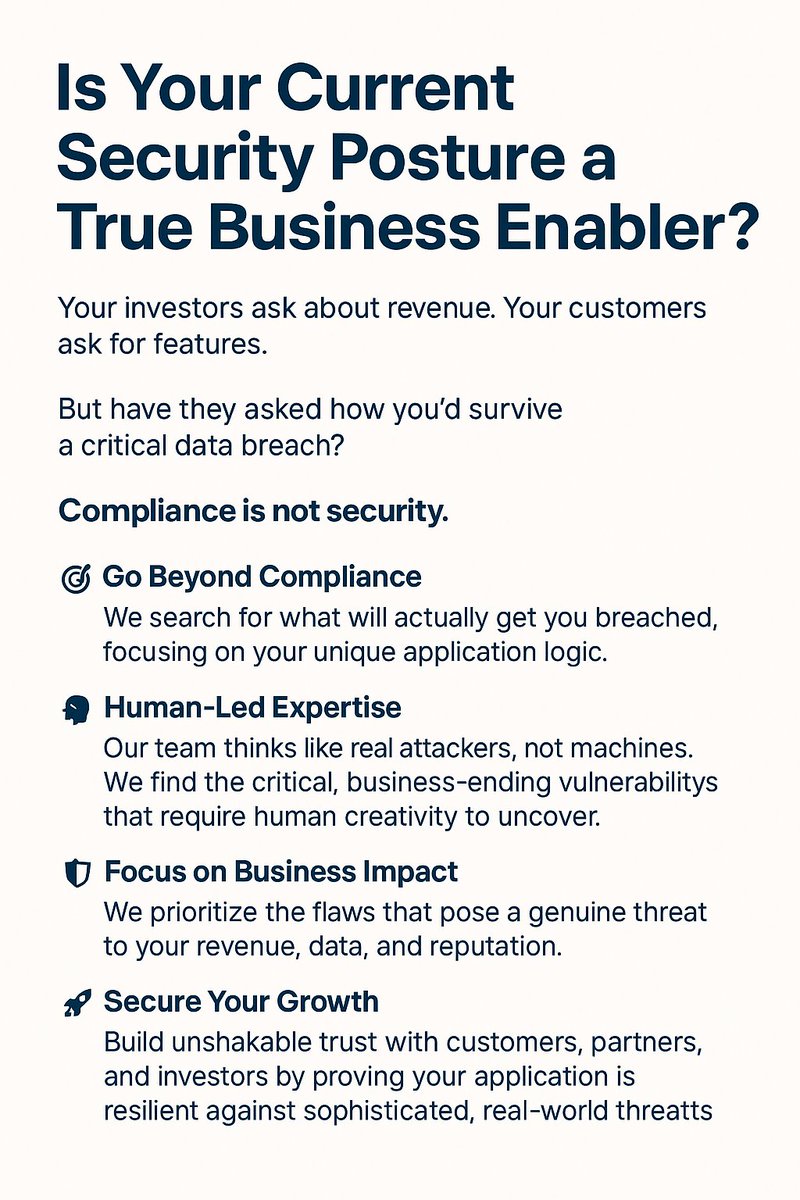Vulncure (@vulncure) on Twitter photo Your investors ask about revenue. Your customers ask for features. But have they asked how you'd survive a ๐ฐ๐ฟ๐ถ๐๐ถ๐ฐ๐ฎ๐น ๐ฑ๐ฎ๐๐ฎ ๐ฏ๐ฟ๐ฒ๐ฎ๐ฐ๐ต?
As a founder, you're focused on growth. You've likely checked the compliance boxesโmaybe SOC 2 or ISO 27001โto build initial trust. Your investors ask about revenue. Your customers ask for features. But have they asked how you'd survive a ๐ฐ๐ฟ๐ถ๐๐ถ๐ฐ๐ฎ๐น ๐ฑ๐ฎ๐๐ฎ ๐ฏ๐ฟ๐ฒ๐ฎ๐ฐ๐ต?
As a founder, you're focused on growth. You've likely checked the compliance boxesโmaybe SOC 2 or ISO 27001โto build initial trust.