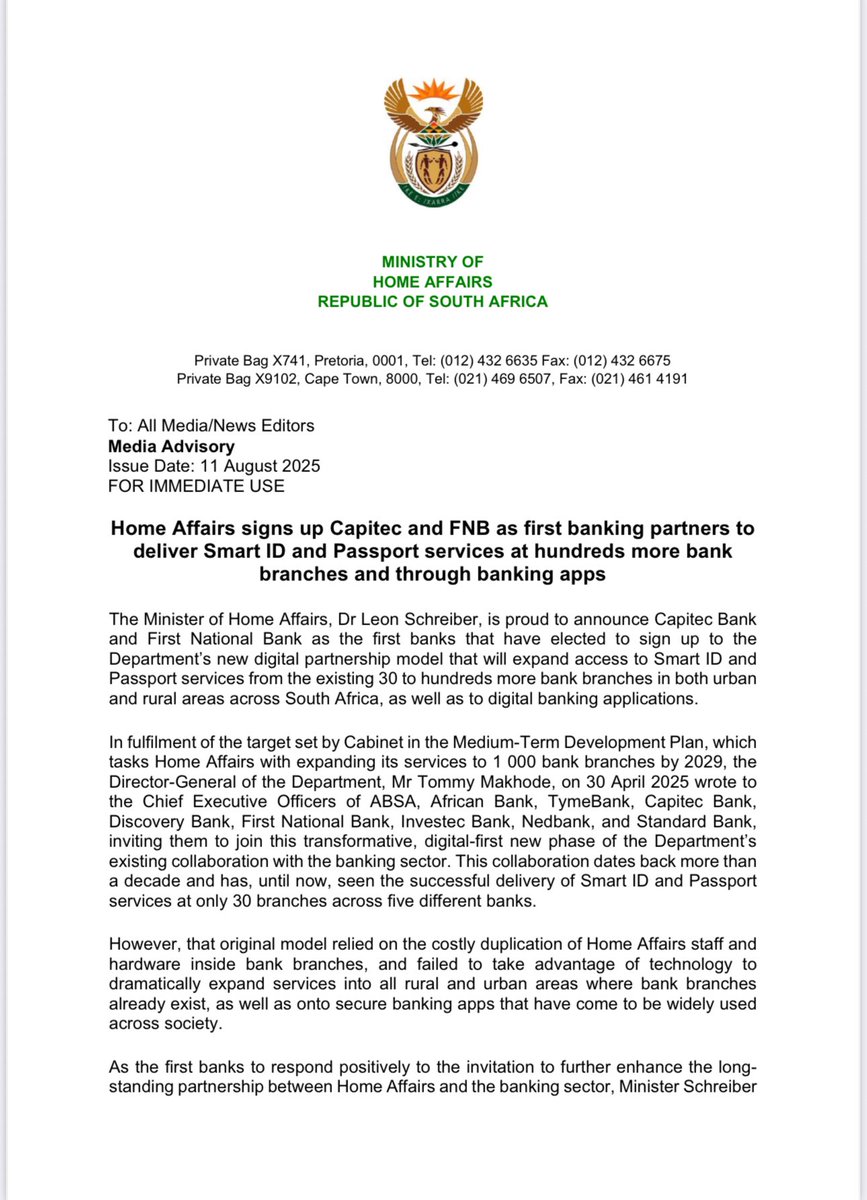 Leon_Schreib's tweet image. Massive news: #TeamHomeAffairs is proud to announce Capitec and FNB as the first banks signed up to our new digital partnership model that will expand access to Smart ID and Passport services to 100s more bank branches across urban and rural areas - and to banking apps! 🇿🇦
On 30…