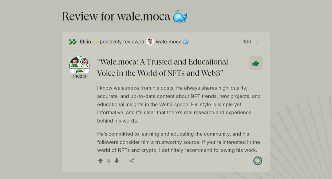 I just left a positive review for <a href="/waleswoosh/">wale.moca 🐳</a> on <a href="/ethos_network/">Ethos</a>