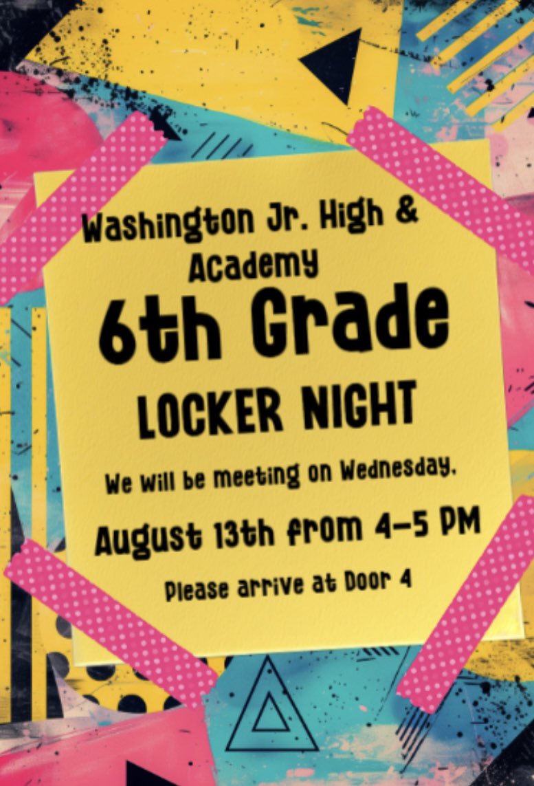 Attention Washington 6th Grade Families:
Locker Night is this Wednesday!!