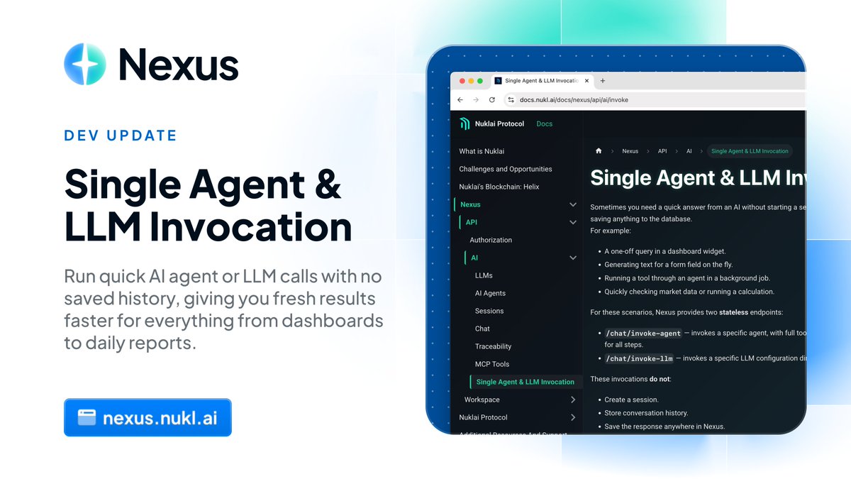 🆕 New Nexus API Feature: Single Agent &amp; LLM Invocation

Get fast answers with no saved history and always fresh results for dashboards, reports, and more.

Build agentic workflows with real-time data, backed by Nexus transparency and traceability.

$NAI #RealStartsHere