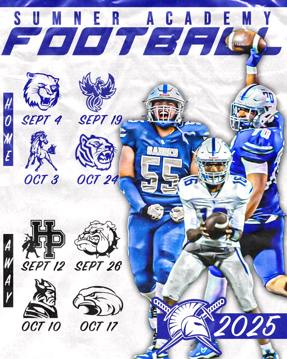 Sabres_Football's tweet photo. Sumner Academy’s Varsity Football Schedule! 

#4TheAcademy 🔵⚔️⚪️ https://t.co/0wsmz8CDBD