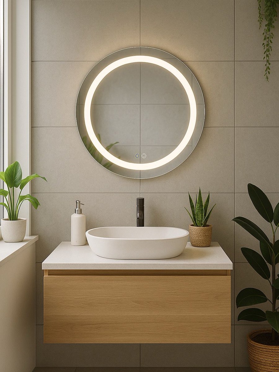 SofiaCabinets's tweet photo. Our round #LED wall mirror #brings modern elegance and perfect lighting to your bathroom. Shown is our #Elios Collection of round LED wall #mirrors; #frameless. Inset perimeter design boasts three color temperature changing options, #dimmable with integrated #defogger. https://t.co/P8HEMfG6BZ