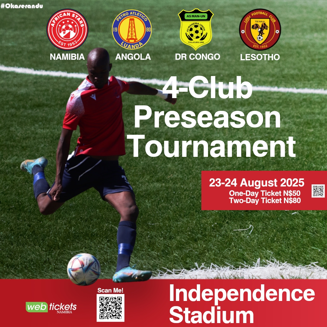 🎟 Scan the QR code or click the link to secure your seat.
Tickets for the 4-Club Pre-Season Tournament are selling fast.
Be at Independence Stadium 23–24 August when clubs from 🇳🇦 🇦🇴 🇱🇸 🇨🇩 clash in Windhoek.
Don’t miss the action, Book Now!

#Starlile #Okaserandu #4Clubs
