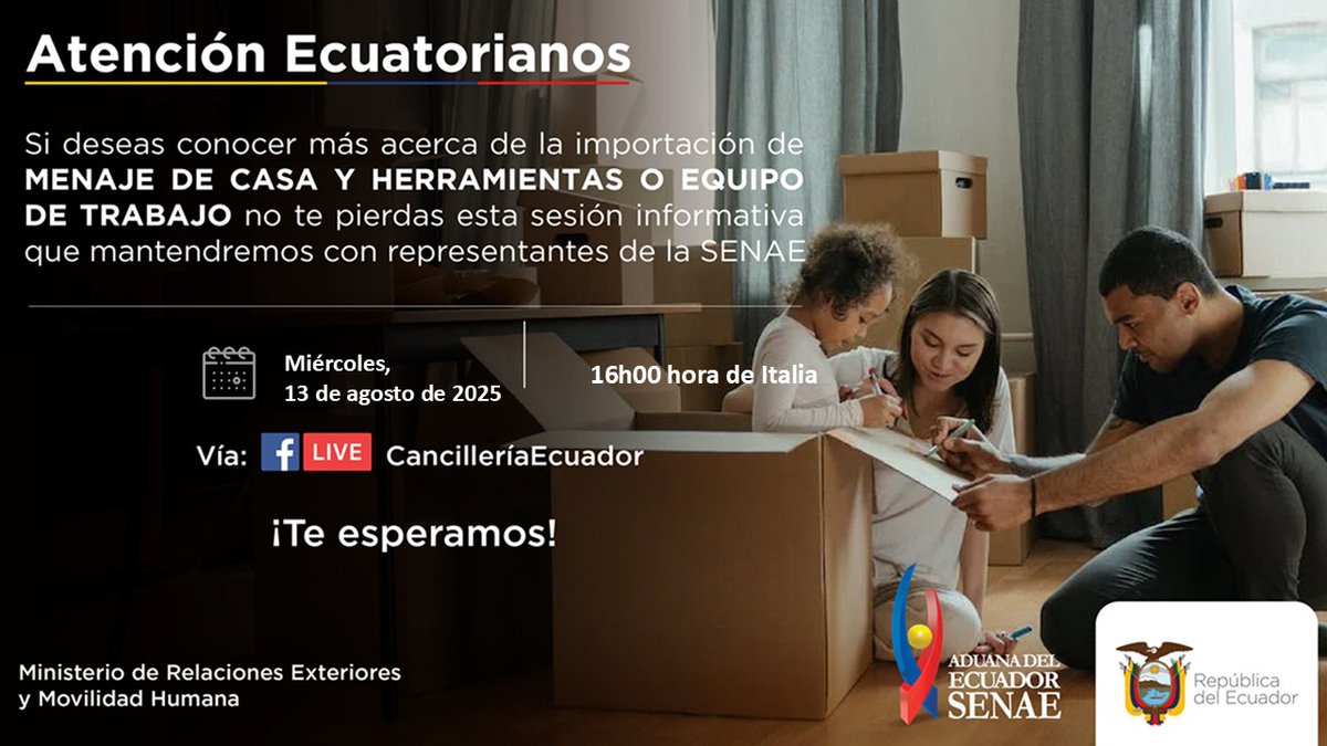 Consulado General del Ecuador en Génova (@cecu_genova) on Twitter photo Sesión informativa sobre “Menaje de casa y equipo de trabajo” 🇪🇨
🗓️ Fecha: Miércoles 13 de agosto
🕓 Hora: 16h00 de Italia
📍 Modalidad: Virtual 
Embajada del Ecuador en ItaliaCancillería Ecuador Sesión informativa sobre “Menaje de casa y equipo de trabajo” 🇪🇨
🗓️ Fecha: Miércoles 13 de agosto
🕓 Hora: 16h00 de Italia
📍 Modalidad: Virtual 
Embajada del Ecuador en ItaliaCancillería Ecuador