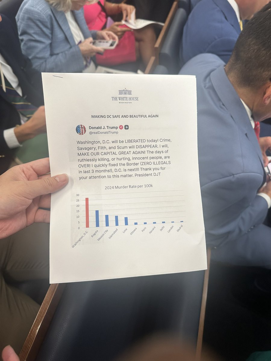 Ahead of the president’s Monday morning press conference, White House aides pass out printed materials with Trump’s truth social and a graph to reporters
