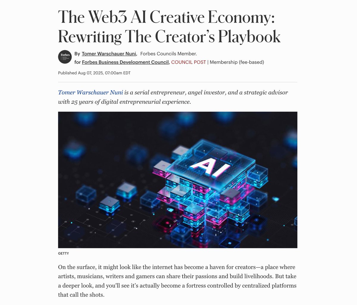 Kima Network (@kimanetwork) on Twitter photo We’re beyond excited to celebrate our CMO, Tomer Warschauer Nuni <a href="/Crypt0Shmipt0/">Tomer Warschauer Nuni</a>, for being featured in Forbes 📰✨
forbes.com/councils/forbe…
In his latest piece, Tomer spotlights the Web3 AI Creative Economy, where creators own their work, set their terms, and get paid fairly. We’re beyond excited to celebrate our CMO, Tomer Warschauer Nuni <a href="/Crypt0Shmipt0/">Tomer Warschauer Nuni</a>, for being featured in Forbes 📰✨
forbes.com/councils/forbe…
In his latest piece, Tomer spotlights the Web3 AI Creative Economy, where creators own their work, set their terms, and get paid fairly.