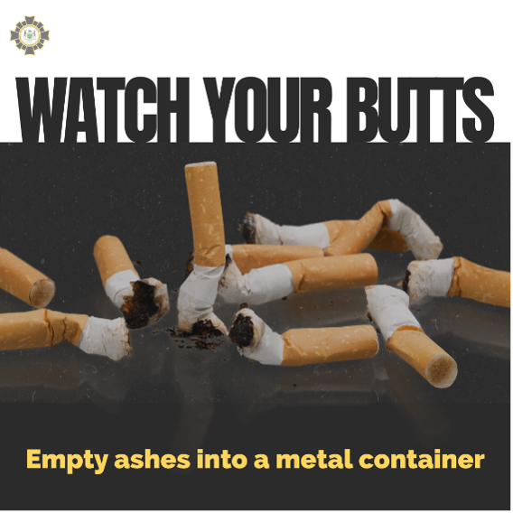 ONFireMarshal's tweet image. Always use an ashtray to butt out cigarettes. Never throw them off a balcony, into bushes, or down the garbage chute. It’s dangerous and can cause a fatal fire.

#FireSafety #Smokers #Smoking #Ontario #ONFireMarshal