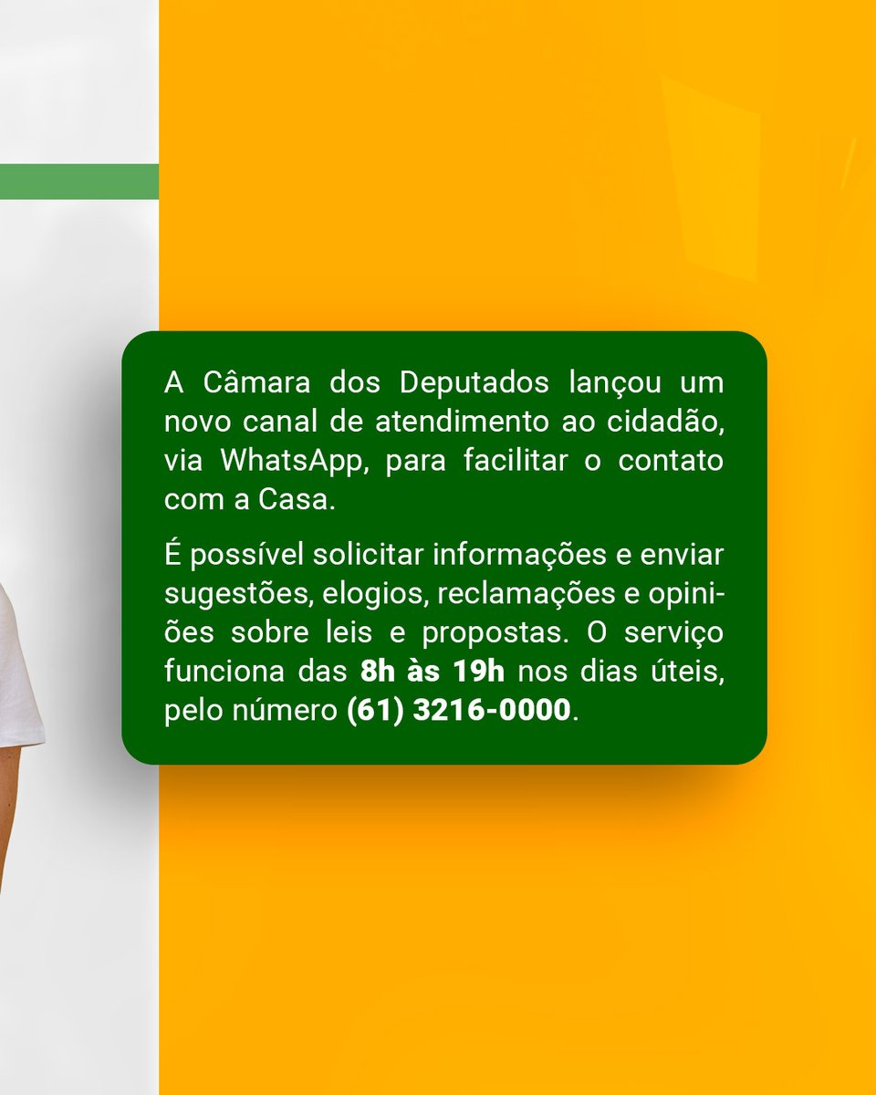 LabHackerCD's tweet image. Novo canal de atendimento da Câmara dos Deputados, diretamente pelo Whatsapp!! Entre em contato pelo número (61) 3216-0000…Mas fique ligado, é de segunda a sexta, das 8h às 19h (somente texto). Compartilhe a novidade! 📲
#LABHackerCD #LABHacker #CâmaraDosDeputados
