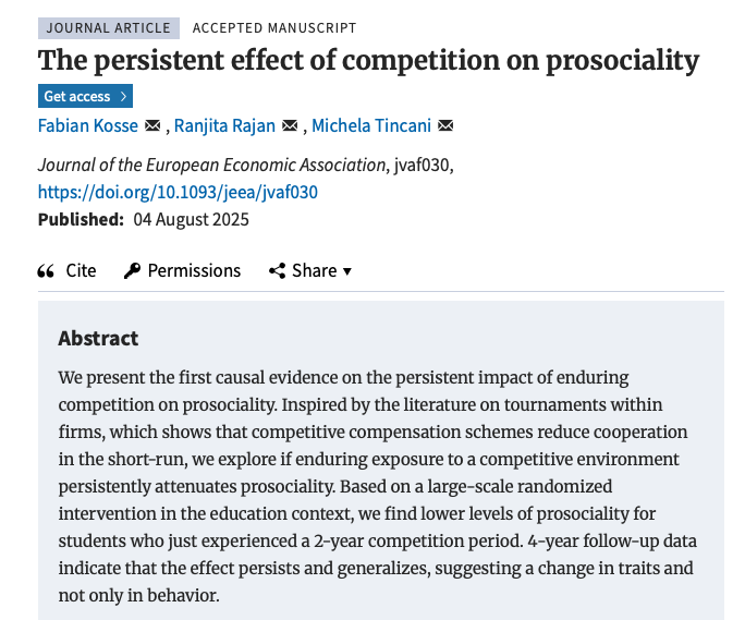 Enduring competition makes people less cooperative. A 2-year competition in schools made students less prosocial (less willing to help or cooperate). Even 4 years later, the effect was still there, suggesting it changed their personality traits, not just their short-term behavior