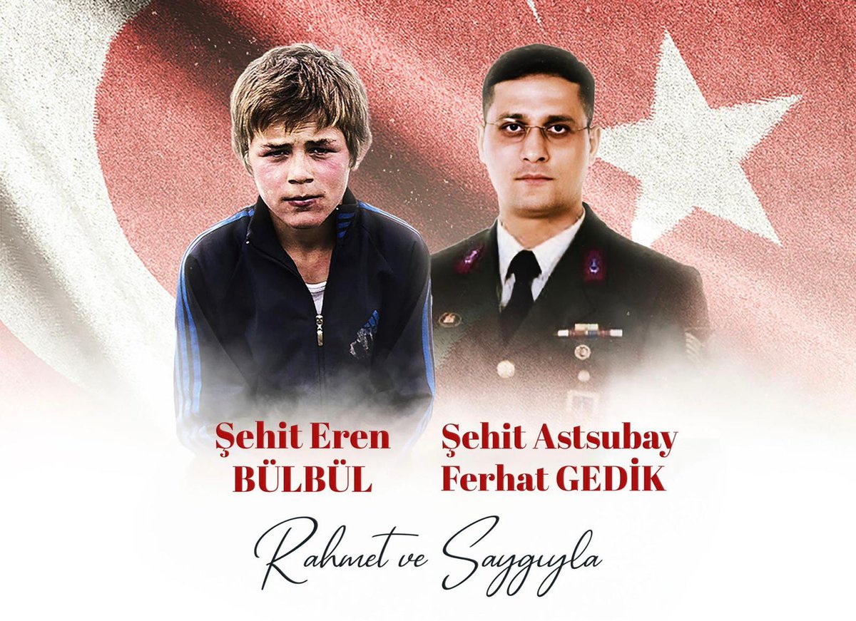 İyi ki varsın Eren! 🇹🇷

Kahraman evladımız Eren Bülbül ve Jandarma Astsubay Kıdemli Başçavuş Ferhat Gedik’i, şehadetlerinin 8. yılında rahmetle, minnetle yâd ediyorum.

#iyikivarsınEren
