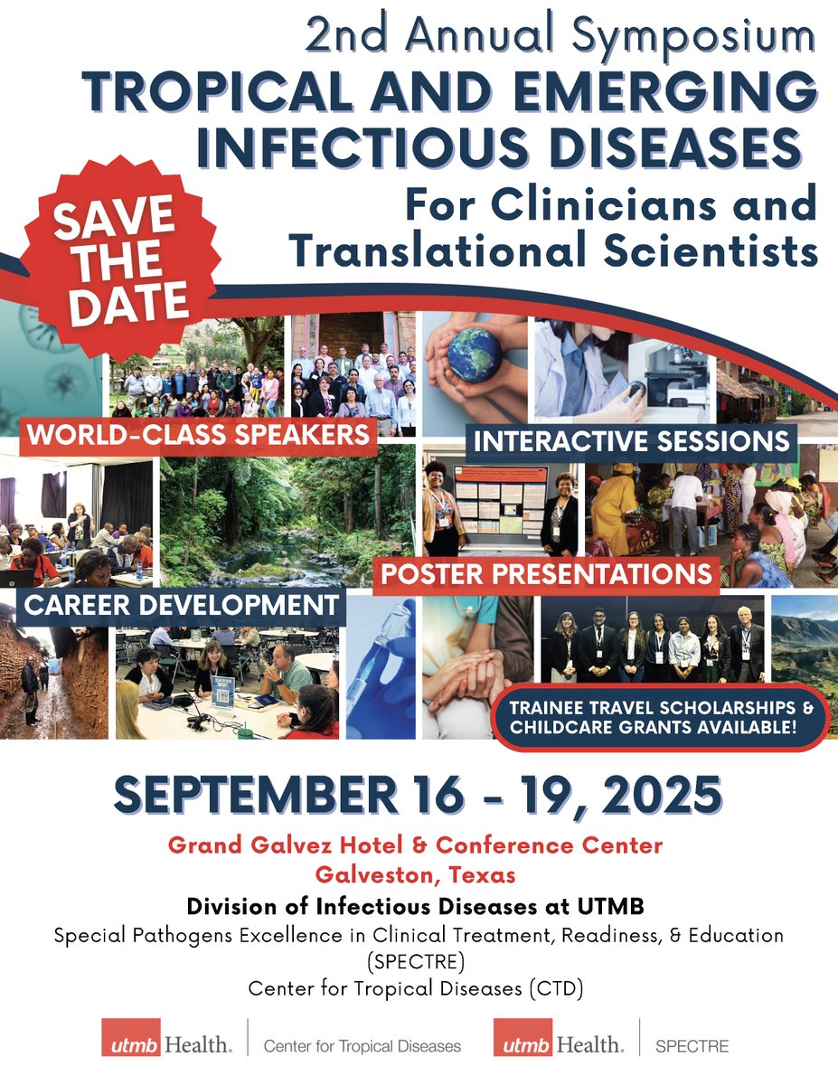 📣 Save the date: Sept 16–19, 2025
UTMB’s Tropical and Emerging Infectious Disease Symposium returns to Galveston.
Designed for students, clinical trainees, and translational scientists, this event features:
• Free registration
• Travel scholarships &amp; childcare grants
• Poster