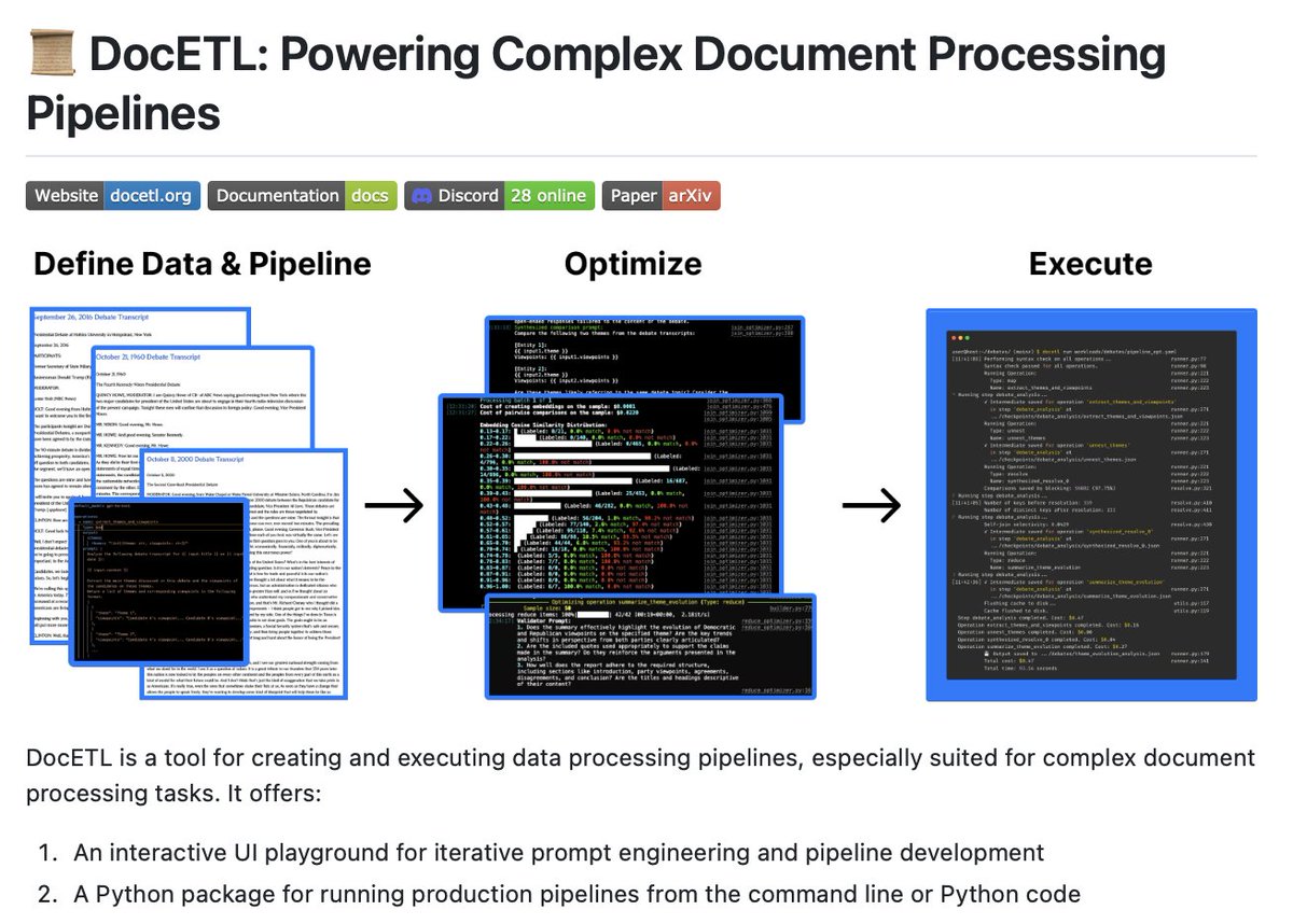 Python library for Agentic LLM-powered data processing!

DocETL is a tool for creating and executing data processing pipelines, especially suited for complex document processing tasks.

100% Open Source