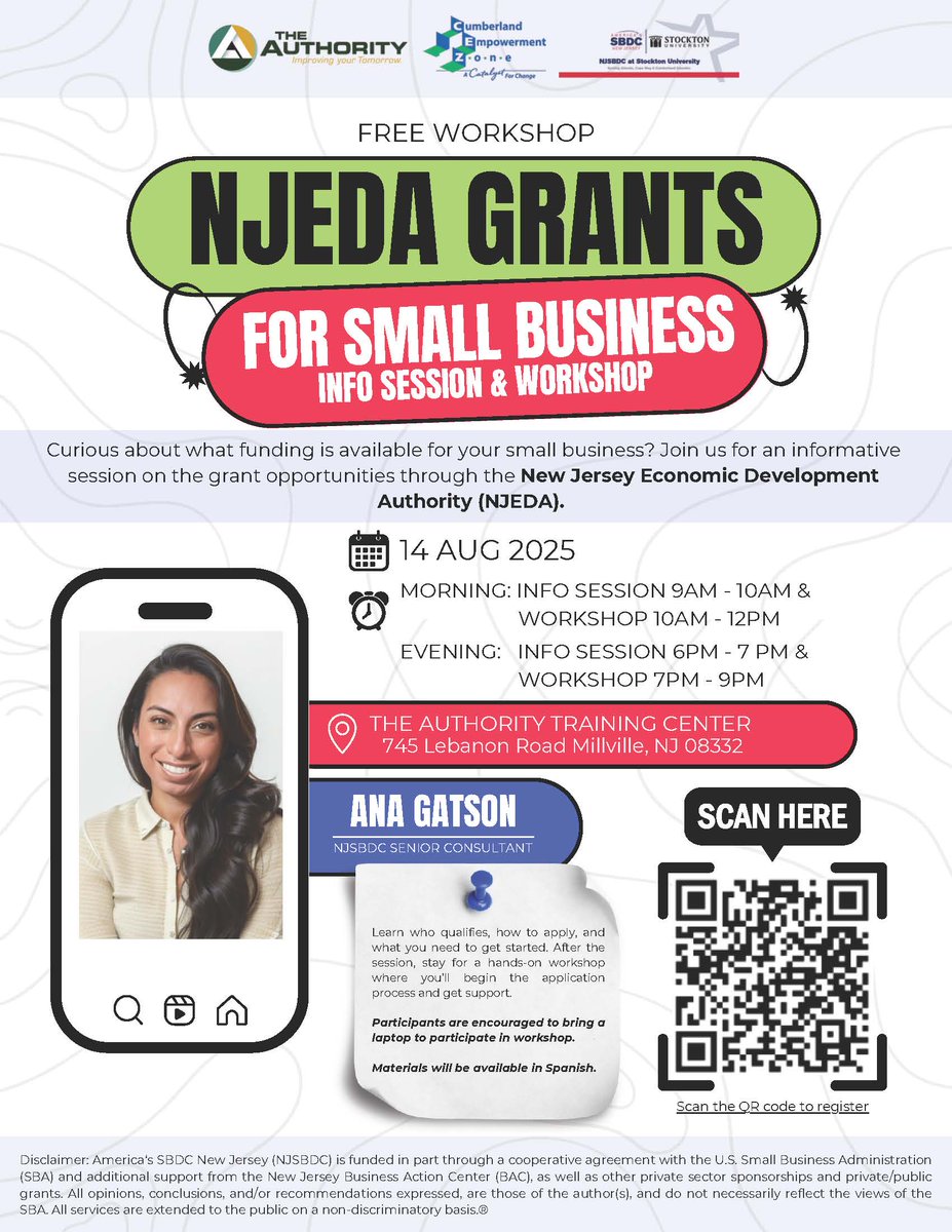 Join The Authority, Cumberland Empowerment Zone, and the NJSBDC at Stockton University for a FREE Workshop on NJEDA Grants for Small Businesses on Thursday, August 14 at The Authority's Training Center. Please scan the QR code to register. 🌟