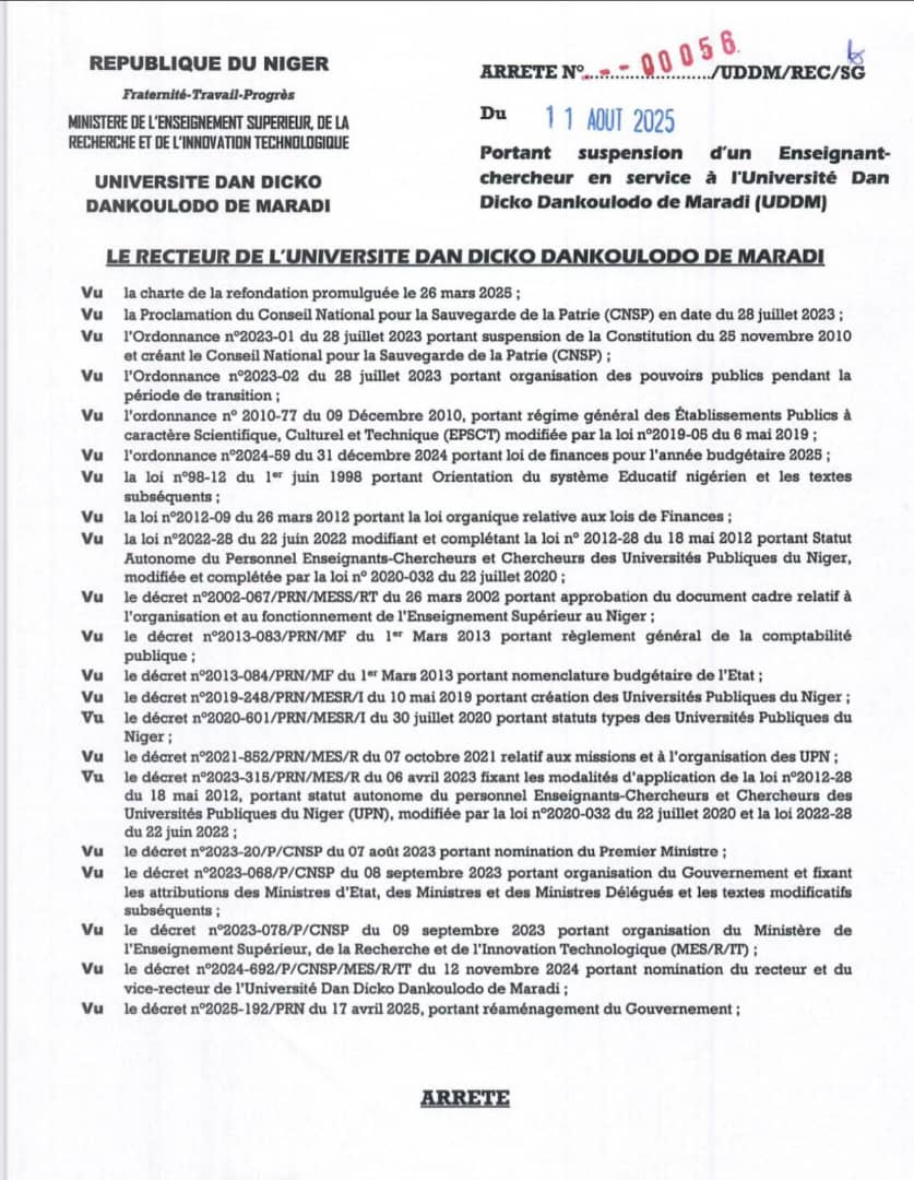 AhmadouAtafa's tweet photo. Niger - Université de Maradi : Par arrêté du recteur en date du 11 août 2025, l’enseignant-chercheur visé par des accusations d’attouchements sexuels sur un étudiant a été suspendu de ses fonctions. #Niger #UDDM #Harcèlement https://t.co/lW4pPypQsD