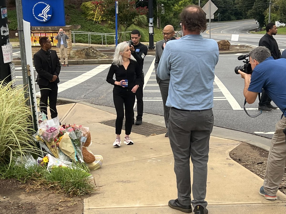 CDC Director Dr. Susan Monarez visits the growing memorial for Officer David Rose outside the agency’s headquarters. Rose was killed when a gunman opened fire here on Friday. Investigators say he was confronting the suspect who was in a nearby building when he was shot. <a href="/wsbradio/">WSB Radio</a>