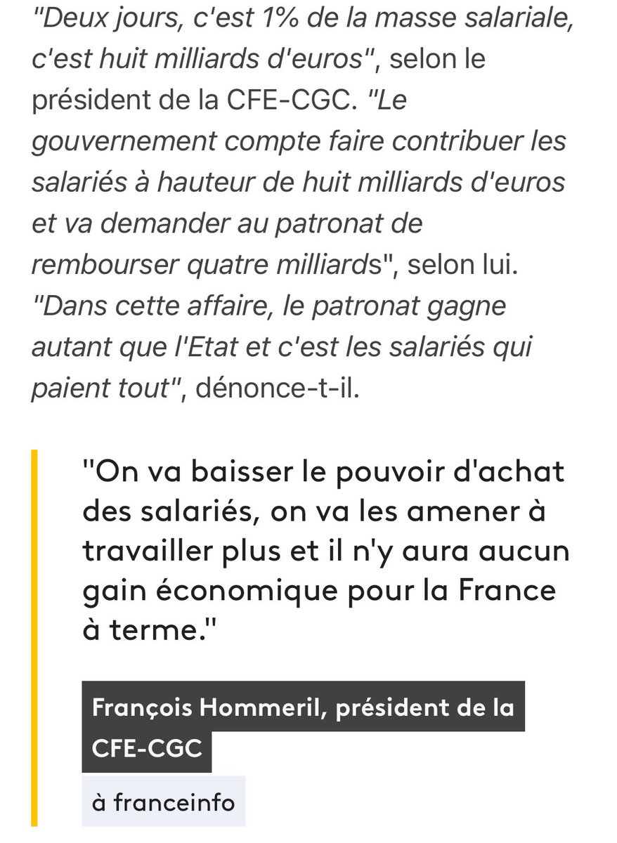 Si l’on récapitule  ils ne veulent pas que supprimer 2 jours fériés mais aussi nous faire travailler gratuitement durant ces 2 jours avant fériés et payés !
Soit 8Mds € de travail gratuit : 4Mds€ pour l’Etat et … 4Mds€ pour le patronat !

C’est du vol  caractérisé !!