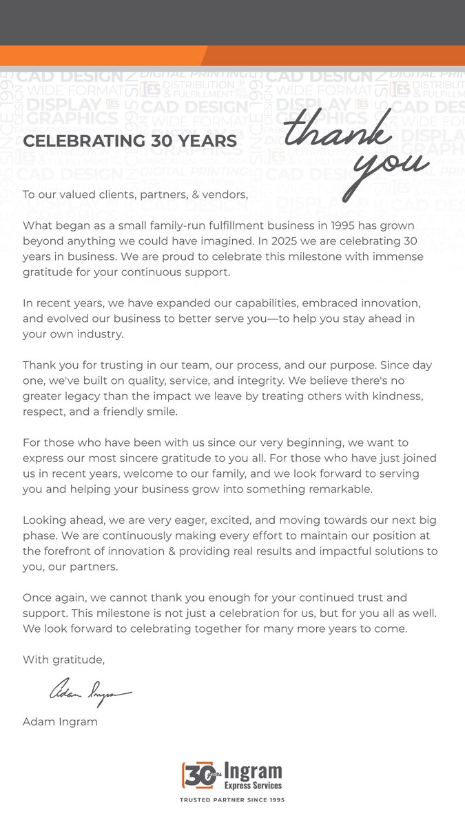 IngramExpress's tweet photo. Celebrating 30 years &amp; many more ahead! Thank you all! https://t.co/EprRa68y9W