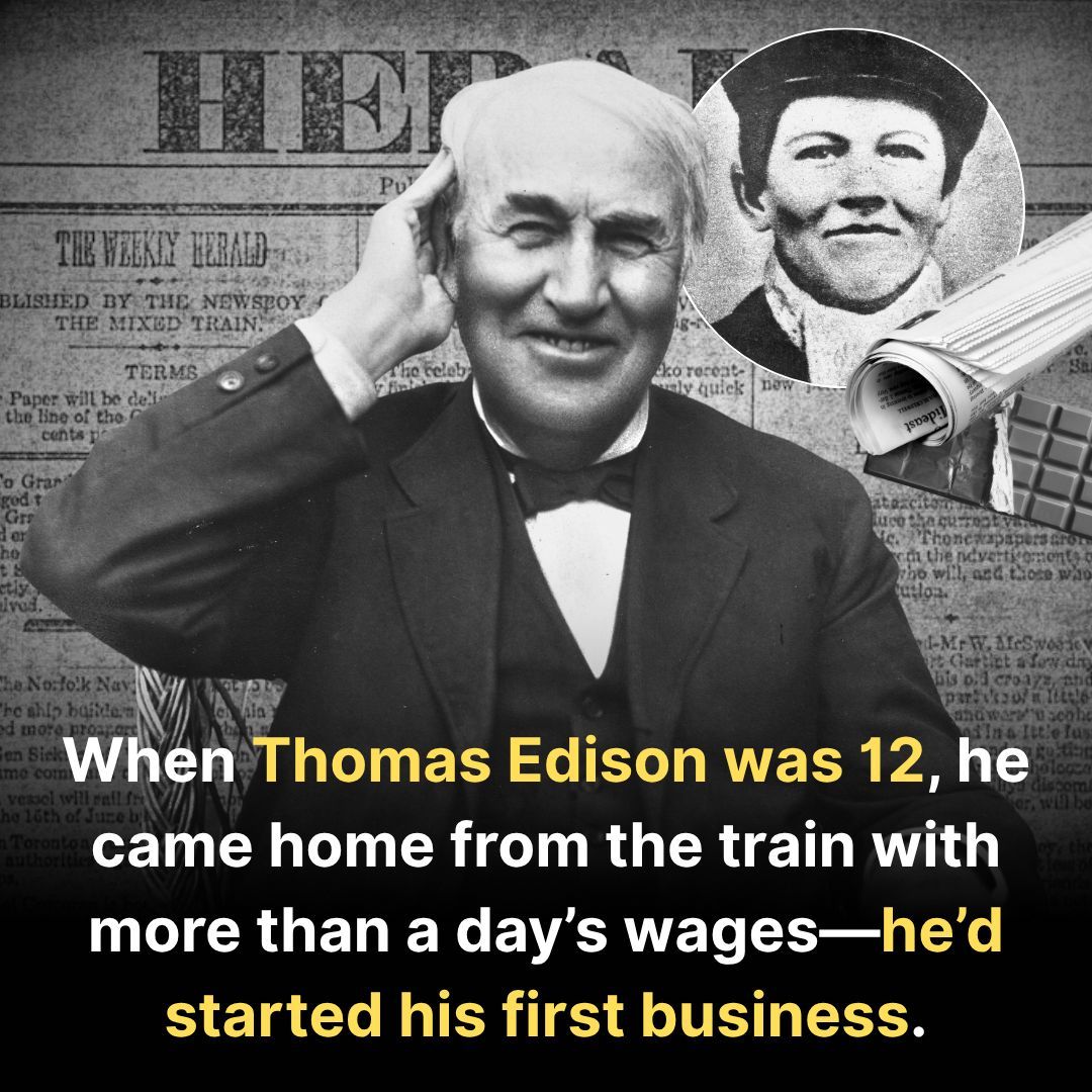 TEdisonOfficial's tweet photo. The story is told that when Thomas Edison was just 12 years old, he boarded the Grand Trunk Railroad each morning with a box of candy and a stack of newspapers to sell. But unlike most boys his age, he wasn’t satisfied with just making change and calling out headlines. 

One day, he noticed the passengers weren’t just hungry for snacks. They were hungry for news. Not the big city headlines, but the small stories: what was happening in the towns along the line, which packages had gone missing, what gossip was making the rounds.

So, in the back of a baggage car, this young boy set up a tiny printing press and started producing The Grand Trunk Herald - a two-page newspaper written, printed and sold entirely on the moving train. He charged 3 cents a copy, and around 300 railroad workers became regular readers.

The paper was so unusual that a London publication wrote about it calling it the only newspaper in the world printed aboard a train.

The boy didn’t know it then, but he had just launched his first business, learned how to spot a need and fill it, and discovered that ideas are only as powerful as the work you put behind them.

That boy went on to hold over a thousand patents. But in a way, it all started there in the rattling carriage of a train, with ink on his fingers and a head full of ideas.   

#ThomasEdison #YoungEntrepreneur #BusinessStories #GrandTrunkHerald #HistoryThatBuiltUs