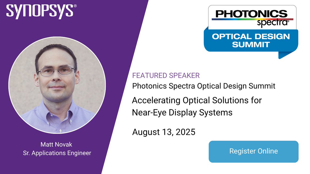 KeysightOptical's tweet photo. Get ready for insights you won't want to miss at this year's Optical Design Summit on August 13, brought to you by the publishers of #PhotonicsSpectra. This one-day virtual event is dedicated to tackling real-world design challenges in optical design. All presentations remain available on demand after the premiere.

This year Matt Novak will be presenting, "Accelerating Optical Solutions for Near-Eye Display Systems."

👉Learn more here: https://t.co/UhPOnEgMmb

Registration is free and includes access to every session, networking opportunities, and actionable insights to enhance your design capabilities and product performance.

📍Register Here: https://t.co/DUyht6naMW

#PhotonicsSpectra #arvr #opticalsystems #designbrilliance #neareyedisplaysystems