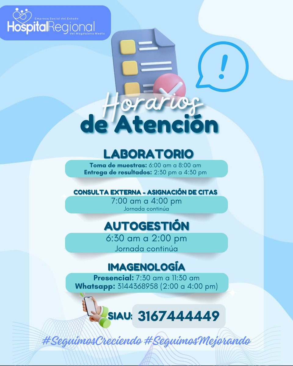 ⚠️🗓️⏰ Tenga en cuenta los horarios de atención en las diferentes áreas de servicio de nuestro hospital 🏥

Te esperamos 🫂

<a href="/Supersalud/">Supersalud</a> <a href="/infopresidencia/">Presidencia Colombia 🇨🇴</a> <a href="/MinSaludCol/">MinSalud Colombia 🇨🇴</a> <a href="/LuisTorreSalud/">Luis Torres Castro - .</a> <a href="/giovannyrubiano/">Giovanny Rubiano MD</a>