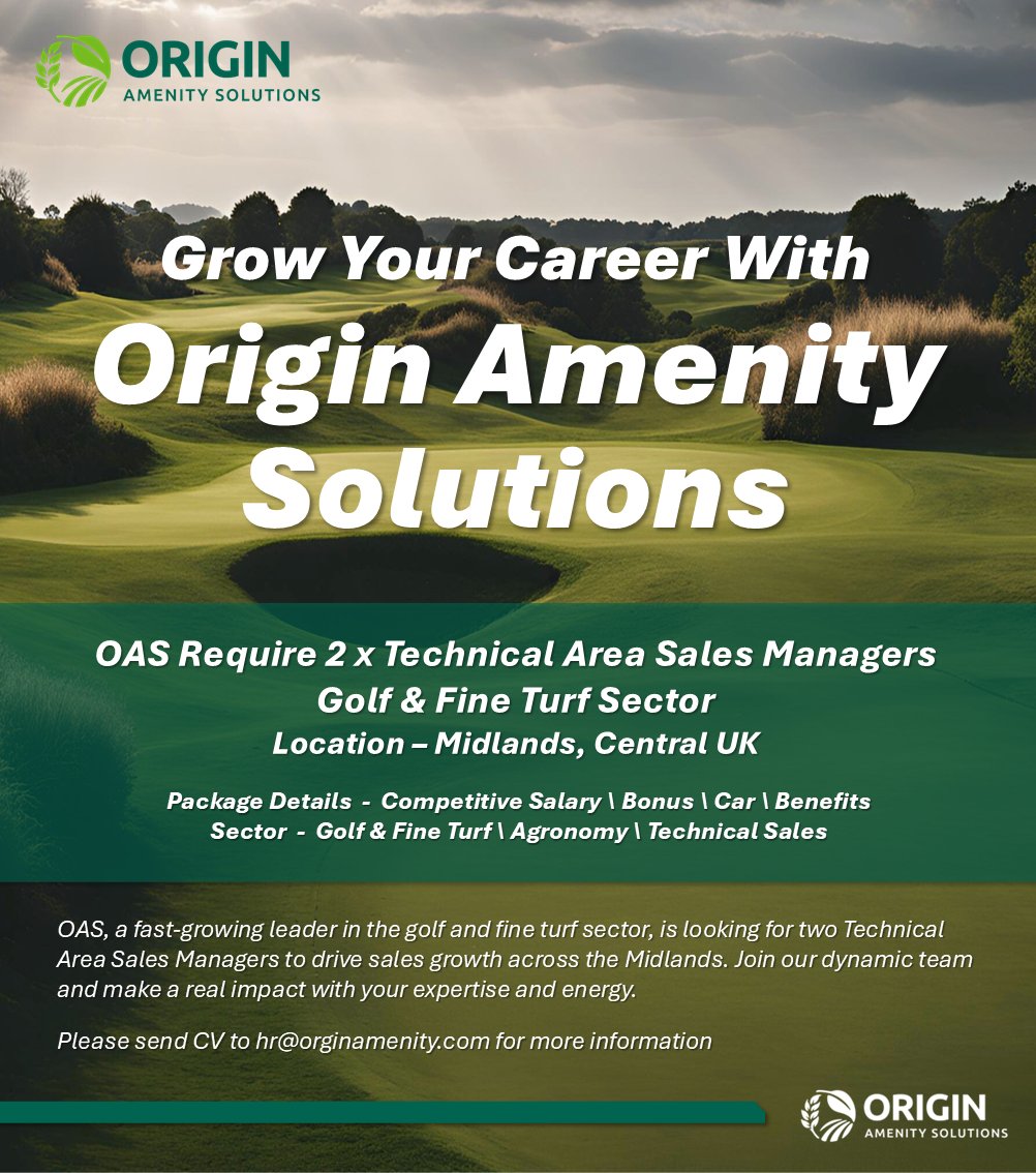 OriginAmenity's tweet photo. Are you a driven and technically minded turf professional with a passion for sports surface management? Do you have a solid understanding of the golf industry and the products that support elite sportsturf performance? If so, we want to hear from you.

OAS are a rapidly growing market leader in the golf and fine turf sector, and we are looking for TWO Technical Area Sales Managers to join our team and drive sales growth across the Midlands. This is an exciting opportunity to become part of a dynamic business where your ideas, energy, and expertise will make a genuine impact.

Click below for more details or to apply now!

https://t.co/wuaFgl7hYL

#OriginAmenitySolutions #Hiring