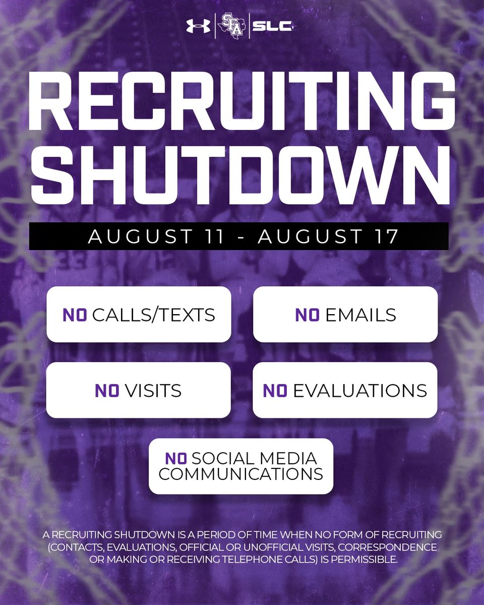 SFA Women's Basketball (@sfawbb) on Twitter photo See y'all next week! 👋
We will be in a recruiting shutdown from August 11th to the 17th.
#AxeEm x #BeU See y'all next week! 👋
We will be in a recruiting shutdown from August 11th to the 17th.
#AxeEm x #BeU