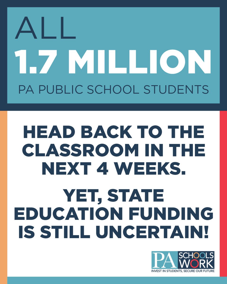 All 1.7 million PA public school students will be back in their classrooms in four weeks. The @pasenategop must fulfill their constitutional responsibility by immediately passing a budget that adequately funds all school districts, especially those chronically underfunded.