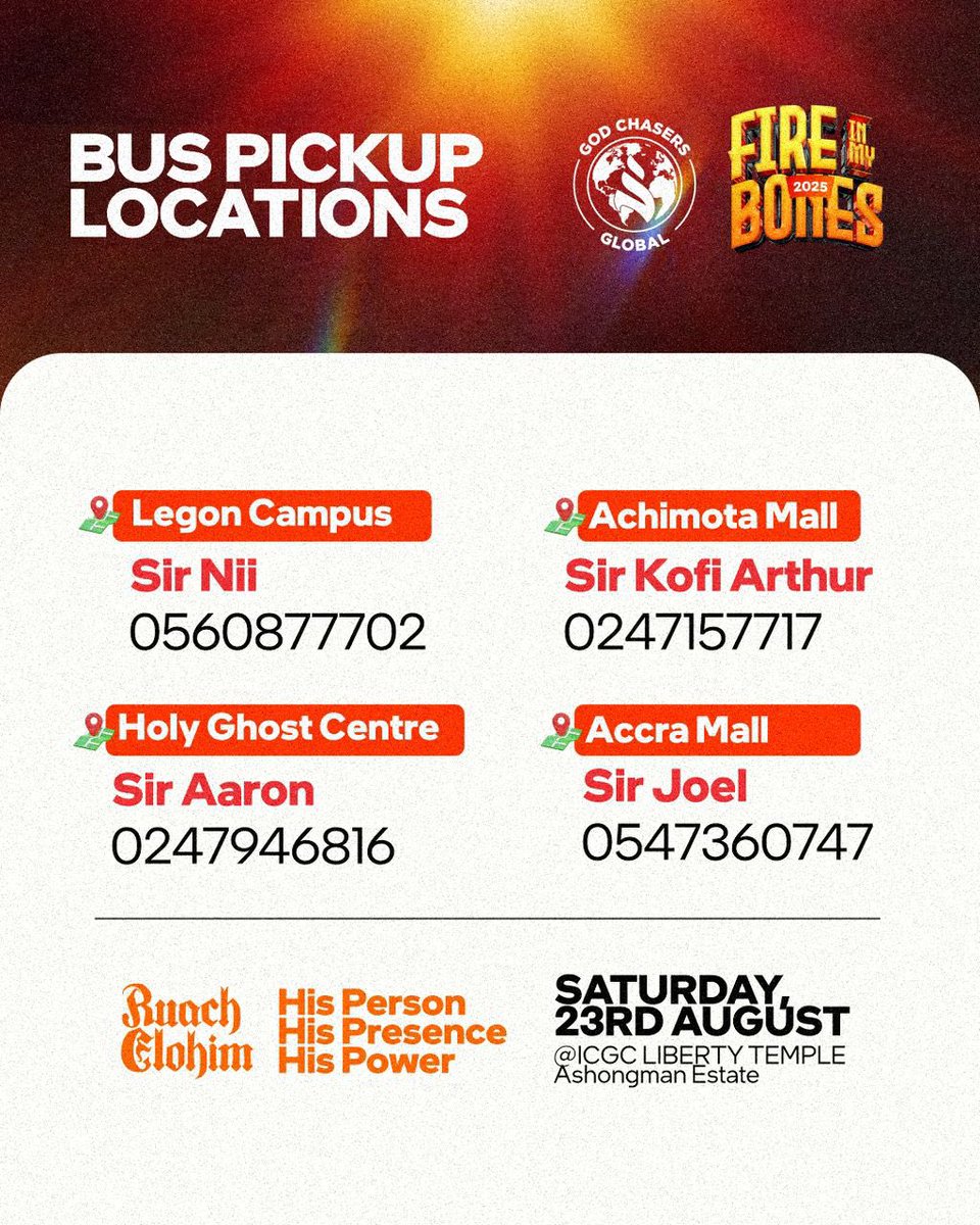 Need a free ride to Fire In My Bones?
We’ve got you covered!🤩

Check out the flyer for details and see which free bus routes you can hop on.💃🏿

FIRE IN MY BONES 2025 - RUACH ELOHIM; His Person, His Presence; His Power.

#godchaserglobal🌍🔥 #fimb