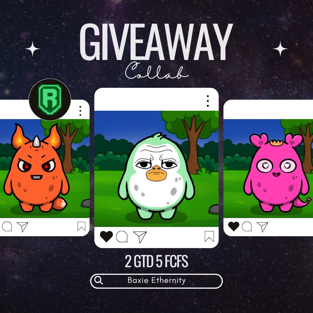 ✨Giveaway ✨

🎁 Prize:
2GTD 5 FCFS

👥 Follow <a href="/Lunita_Gamers/">Lunita.ron | KIND⚡$CAG ADL</a>, <a href="/ronencoin/">Ronen Mining Network ✳️</a>, <a href="/Baxieronen/">BAXIE Ethernity</a> 
💜 Like + RT + Bookmark
👤Tag 3 friends + Drop your Ronin wallet
📲 Join Discord: discord.gg/ronen

📅 Winners: 24h
👀 You need 2K RONEN per mint to secure your GTD (ronen website)