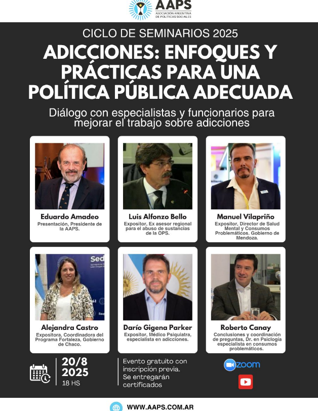 📢 Ciclo de Seminarios AAPS:
Enfoques y prácticas para una política pública adecuada.
Diálogo con especialistas y funcionarios para mejorar el trabajo sobre adicciones.
🗓 20/8 18hs
💻 Vía Zoom/YouTube
📄 Se entregan certificados
Inscripción aquí 👉docs.google.com/forms/d/1zmHxa…