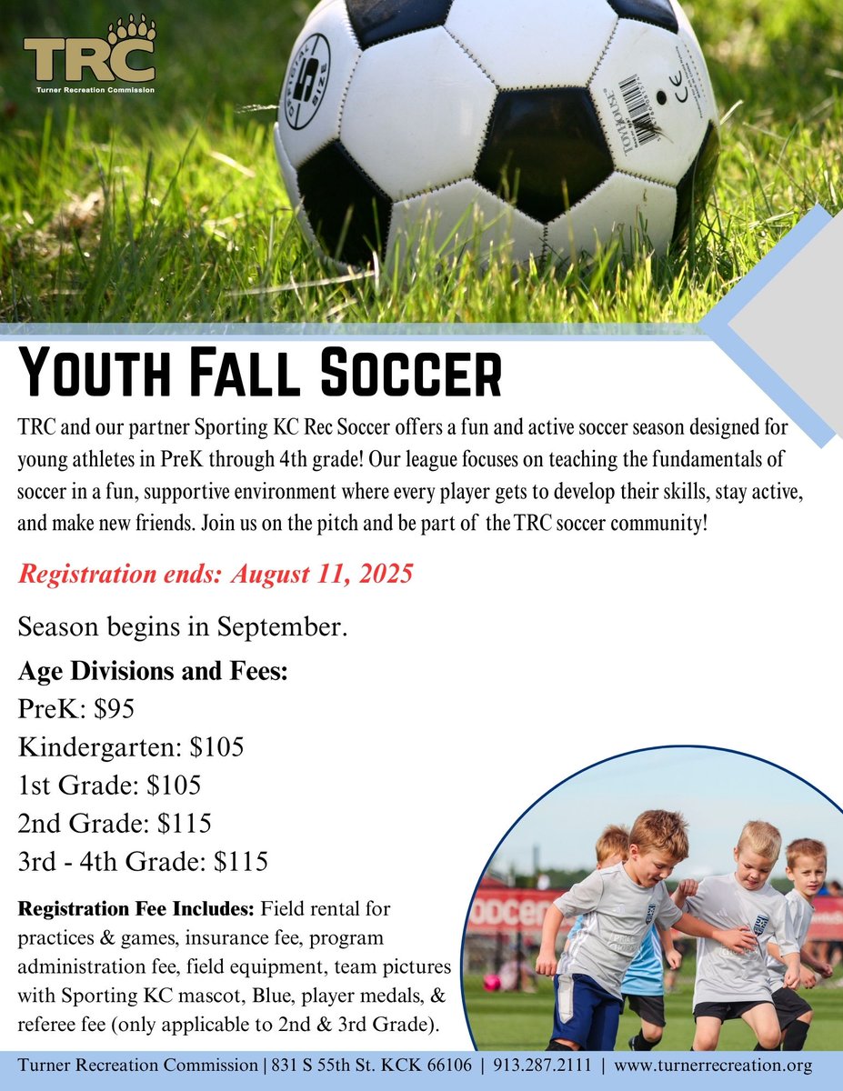 Don’t Miss Your Goal! Today’s the final whistle to register for Fall Soccer! Sign up by tonight, online, in person, or by phone, before you’re kicked into waiting until spring for your next chance to play.

Register online:register.communitypass.net/TurnerRecreati…