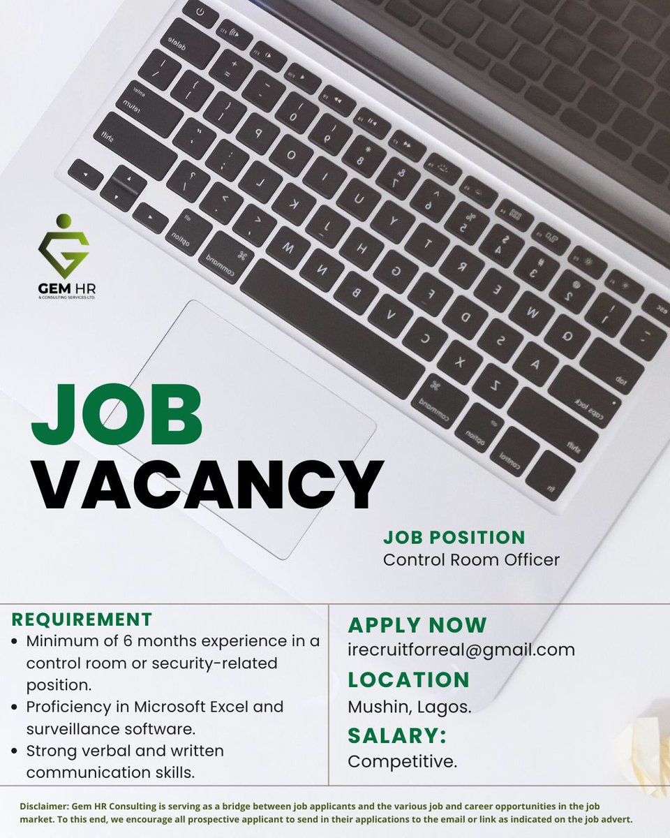 gem_hr's tweet image. 🔥Urgent Hiring: Control Room Officer!🌟Lead and impact the Survillance Industry! Location: Mushin, Lagos.💌APPLY: irecruitforreal@gmail.com⏳Act fast—this opportunity won't last! 👥 Know someone ideal? Tag them! #controlroomoperator #controlroomsolutions #survellance