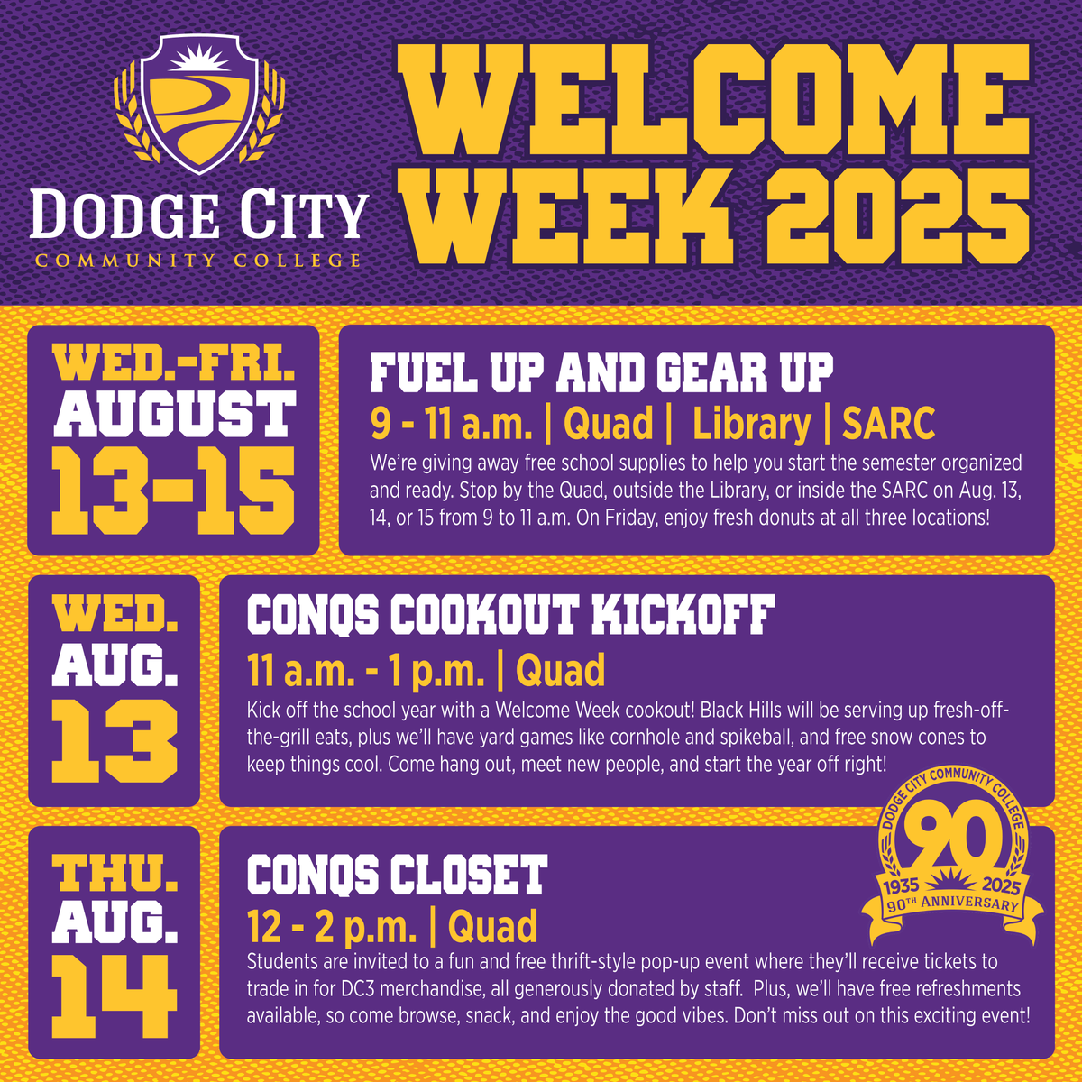 DodgeCityCC's tweet photo. Welcome Week is almost here, and we’re kicking off the semester with free food, games, gear, and giveaways! Whether you’re new to campus or returning, this is your chance to meet new people, grab some DC3 swag, and get set for the semester. #ConqNation #DC3WelcomeWeek https://t.co/TEMw1sXXAn