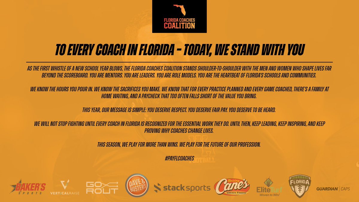 Happy first day of school, Florida coaches! 🏆 

You are leaders, mentors &amp; the heartbeat of our schools.

We see your sacrifice. We know your value. We’ll keep fighting for your respect, fair pay &amp; voice.

This season, we play for more than wins 💪

#PayFLCoaches