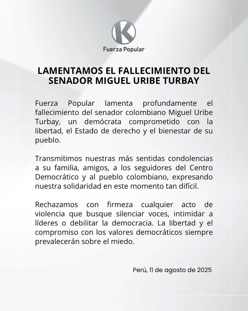 Partido Político Fuerza Popular (@fuerzapopular__) on Twitter photo #Comunicado: Expresamos nuestras condolencias a la familia, amigos, partidarios del <a href="/CeDemocratico/">Centro Democrático</a> y al pueblo colombiano por el fallecimiento del senador Miguel Uribe Turbay. #Comunicado: Expresamos nuestras condolencias a la familia, amigos, partidarios del <a href="/CeDemocratico/">Centro Democrático</a> y al pueblo colombiano por el fallecimiento del senador Miguel Uribe Turbay.