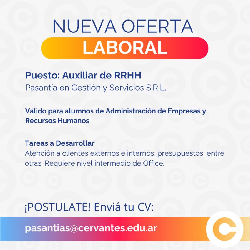 🎓📖 Institución Cervantes ofrece aalumnos y egresados la posibilidad de insertarse en el mercado laboral por medio de la publicación y difusión de ofertas de #pasantías y #empleos que nos acercan empresas e instituciones. 🚀

📌 Para ver más detalles: cervantes.edu.ar/empleos/empleo…