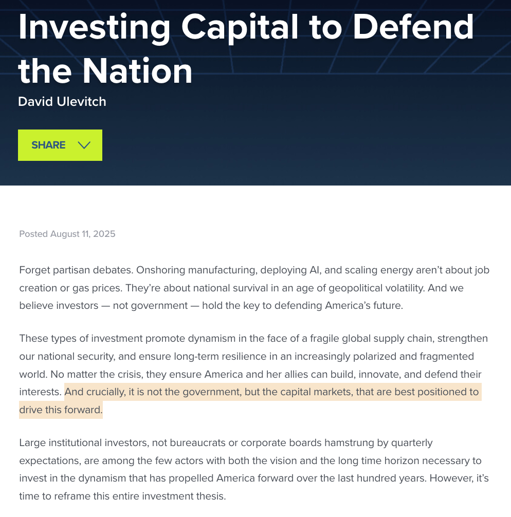 If we want freedom to remain the world’s dominant operating system, we should fund it like our lives depend on it.

Government programs and frameworks (like ESG) can’t solve problems that are really about our ability to build and compete. Capitalism can.

Investors have the