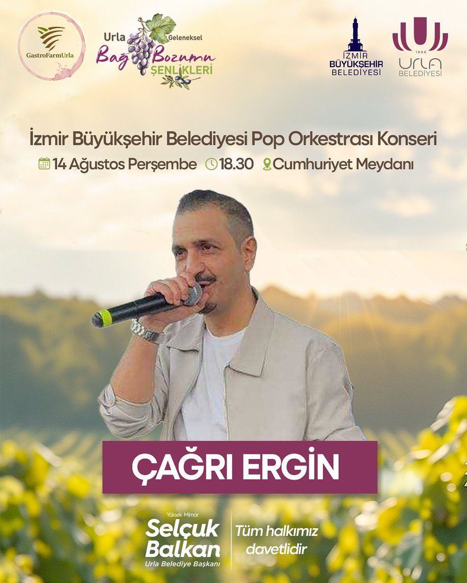 Geleneksel Urla Bağ Bozumu Şenlikleri kapsamında, İzmir Büyükşehir Belediyesi Pop Orkestrası eşliğinde muhteşem bir akşam sizleri bekliyor! 🎶

📅 14 Ağustos Perşembe
🕡 18.30
📍 Cumhuriyet Meydanı

🌿 Müziğin ve dostluğun buluştuğu bu özel gecede yerinizi alın!
