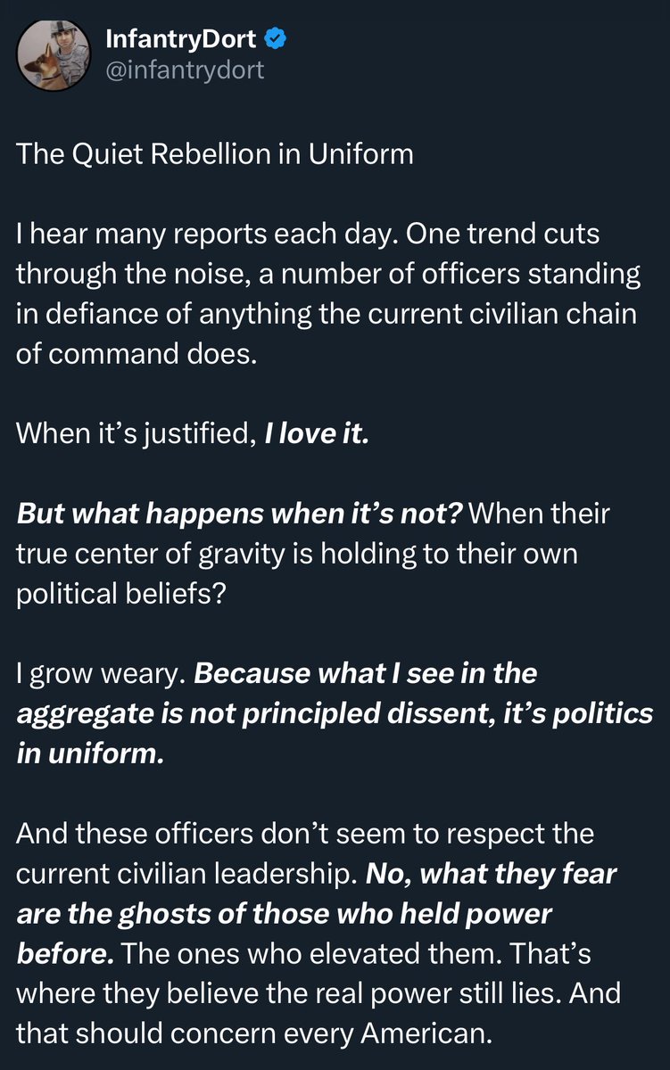 “Defiance of civilian authority, when it’s against an administration I don’t like and issues I oppose is good. But defiance against civilian authority when it’s an administration and issues I support is bad.”

Really galaxy brain shit right here.