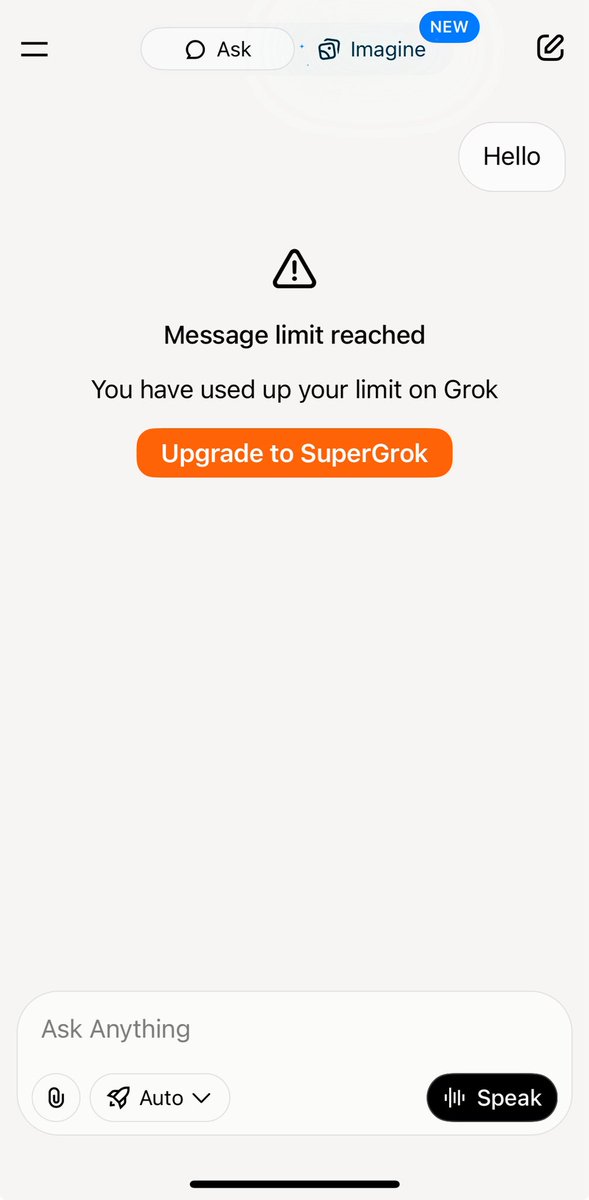 ChollaJackal's tweet photo. I think the latest iOS update for @grok broke it! @elonmusk @xai @SuperGrok send help!! I just updated the grok up to the latest version and I keep getting a message limit reached! I’ve had this issue since 9am yesterday! Still nothing 😒 #MakeGrokGreatAgain https://t.co/SljoVofU0p