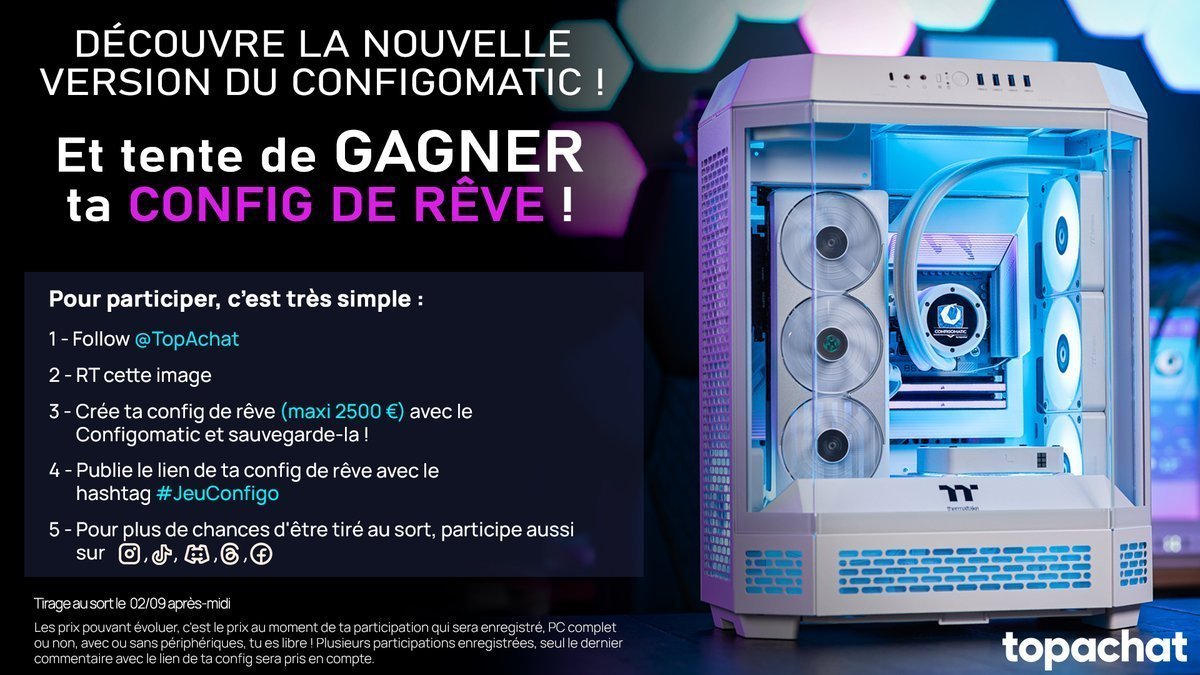 TopAchat's tweet photo. #Concours 🎁
👉 Tu peux utiliser une de ces configs pour participer au #JeuConfigo 😎
➡️Config black
https://t.co/cnuYMavqmG
➡️ Config white
https://t.co/OUdZVQDo8u
Participe ici ⬇️
https://t.co/Wf3oIyUXJd https://t.co/Jz69HKnoGc