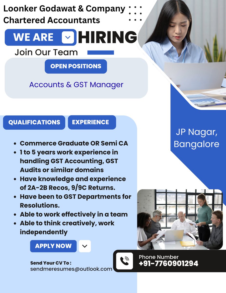itsvimalkumawat's tweet image. We are hiring
@bangalorejob @bjsbangalore @bangalorejobs_ @southbangalore @bangalore @Accountingjob @AuditJobsglobal @FinanceJobsIND