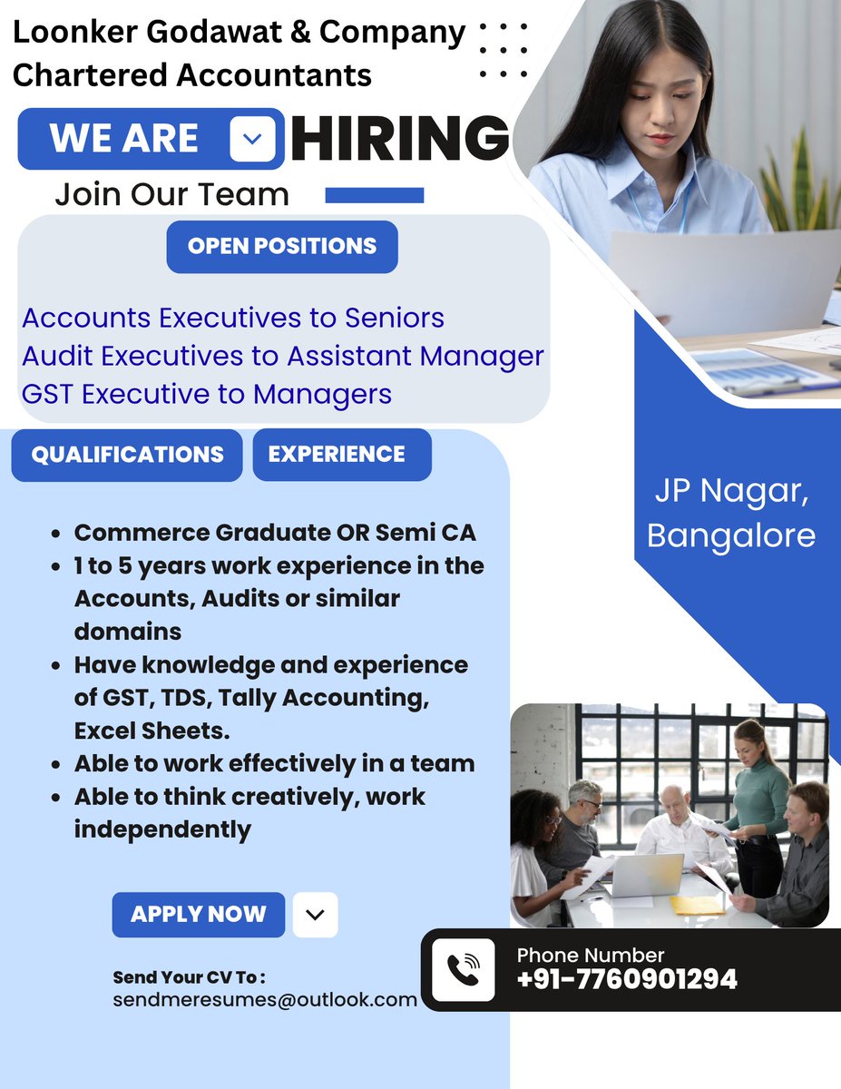 itsvimalkumawat's tweet image. We are hiring
@bangalorejob @bjsbangalore @bangalorejobs_ @southbangalore @bangalore @Accountingjob @AuditJobsglobal @FinanceJobsIND