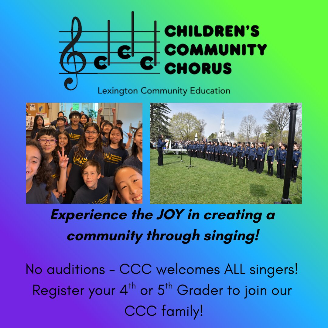 Children's Community Chorus (@cccsingers) on Twitter photo We are officially ONE MONTH away from our first CCC rehearsal of the 2025-2026 season! 😀
Register your 4th or 5th Grade singer here: lexingtoncommunityed.org/class/children…
<a href="/lexcommunityed/">Lexington Community Education</a> <a href="/lexingtonsuper/">Dr. Julie Hackett</a> We are officially ONE MONTH away from our first CCC rehearsal of the 2025-2026 season! 😀
Register your 4th or 5th Grade singer here: lexingtoncommunityed.org/class/children…
<a href="/lexcommunityed/">Lexington Community Education</a> <a href="/lexingtonsuper/">Dr. Julie Hackett</a>