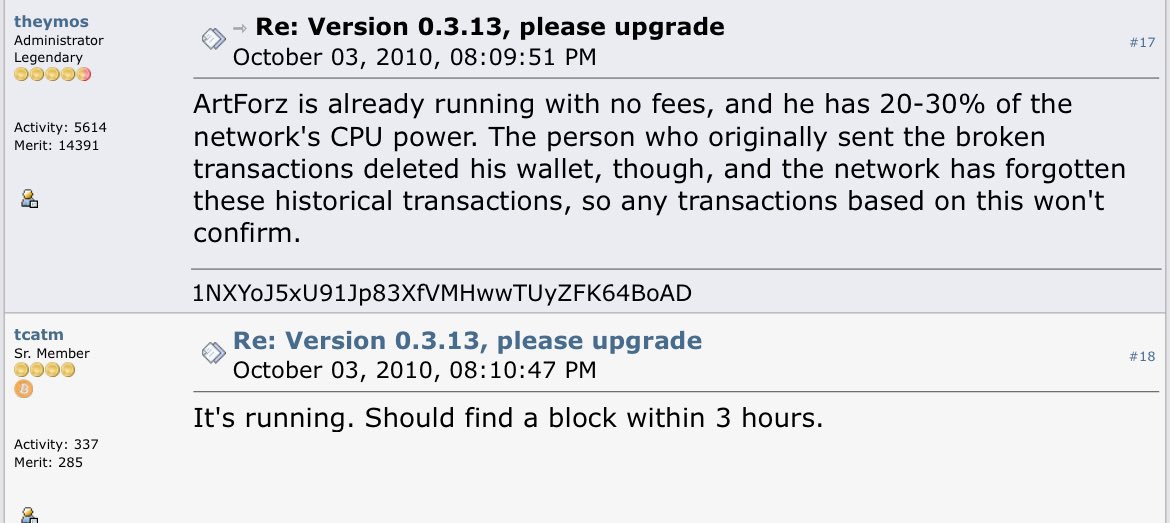 2010年にビットコインのCPUパワーの20～30％を掌握していたArtForzを紹介するフォーラム投稿