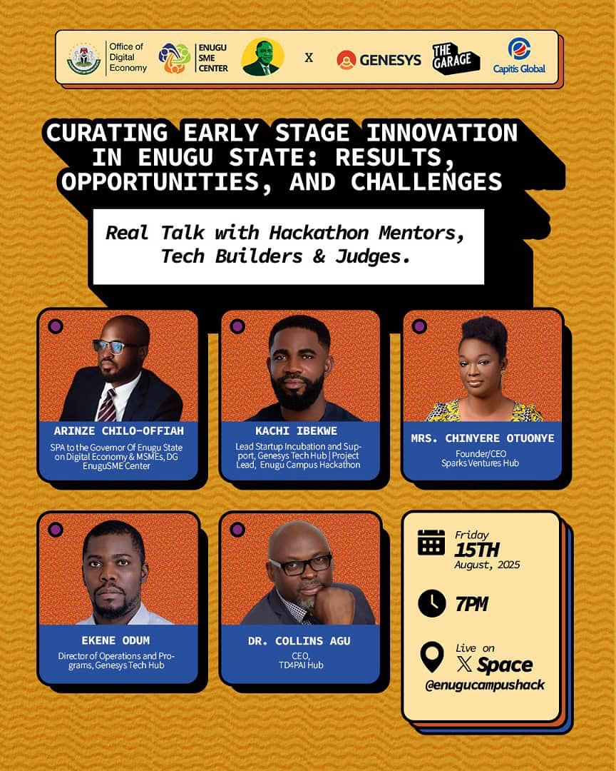 Enugu’s early-stage tech scene is buzzing but what’s next?

Join mentors, builders &amp; judges of the Enugu Campus Hackathon as they share wins, roadblocks &amp; big opportunities for our ecosystem.

🗓 15 Aug 2025 | 7PM 📍<a href="/enugucampushack/">Enugu Campus Hackathon</a>

#EnuguCampusHackathon