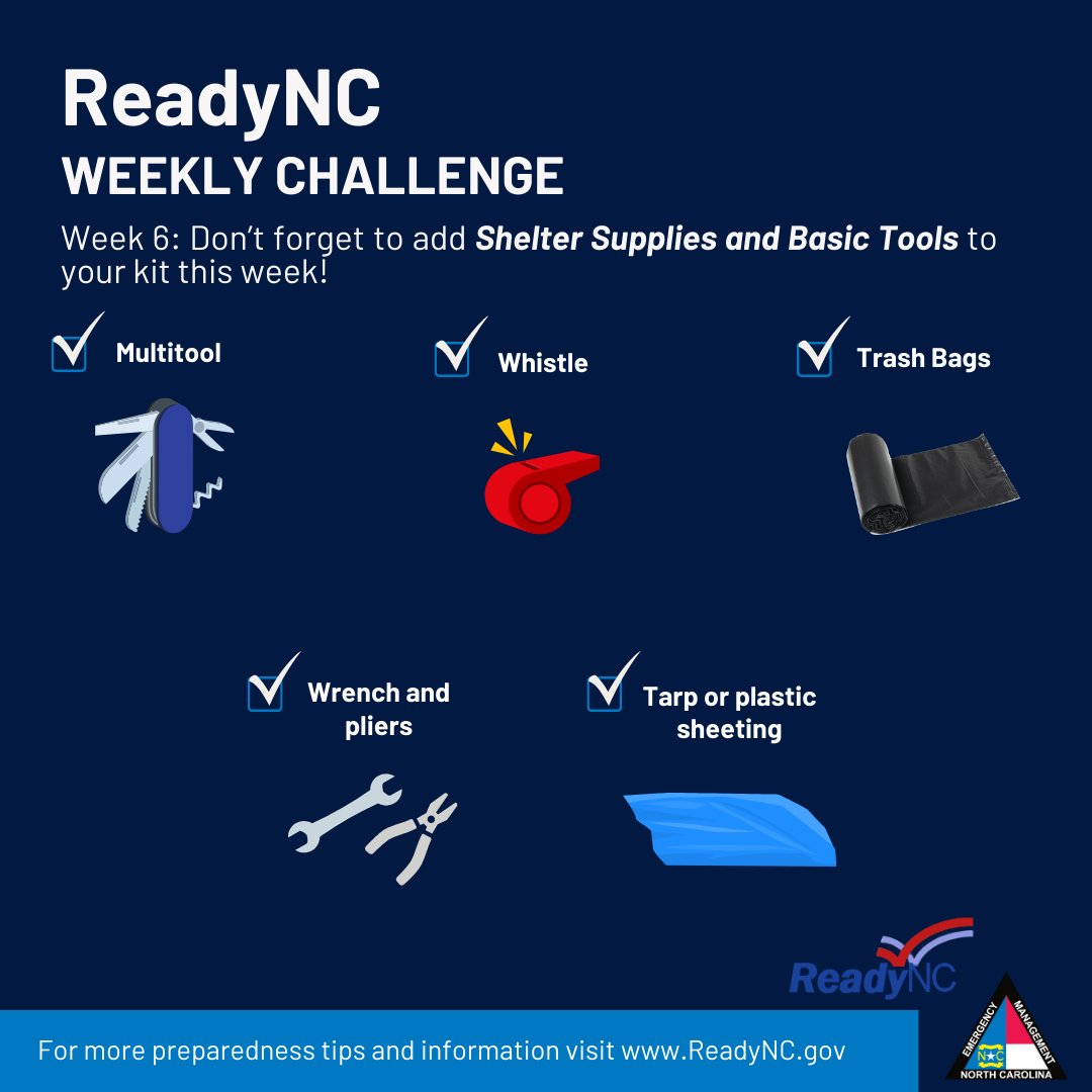 Emergency Kit Week 6

Enhance your kit with items for shelter and basic repairs - think a cozy blanket, multi-tool, or whistle for additional safety and comfort.

#TeamCraven
#ReadyNC