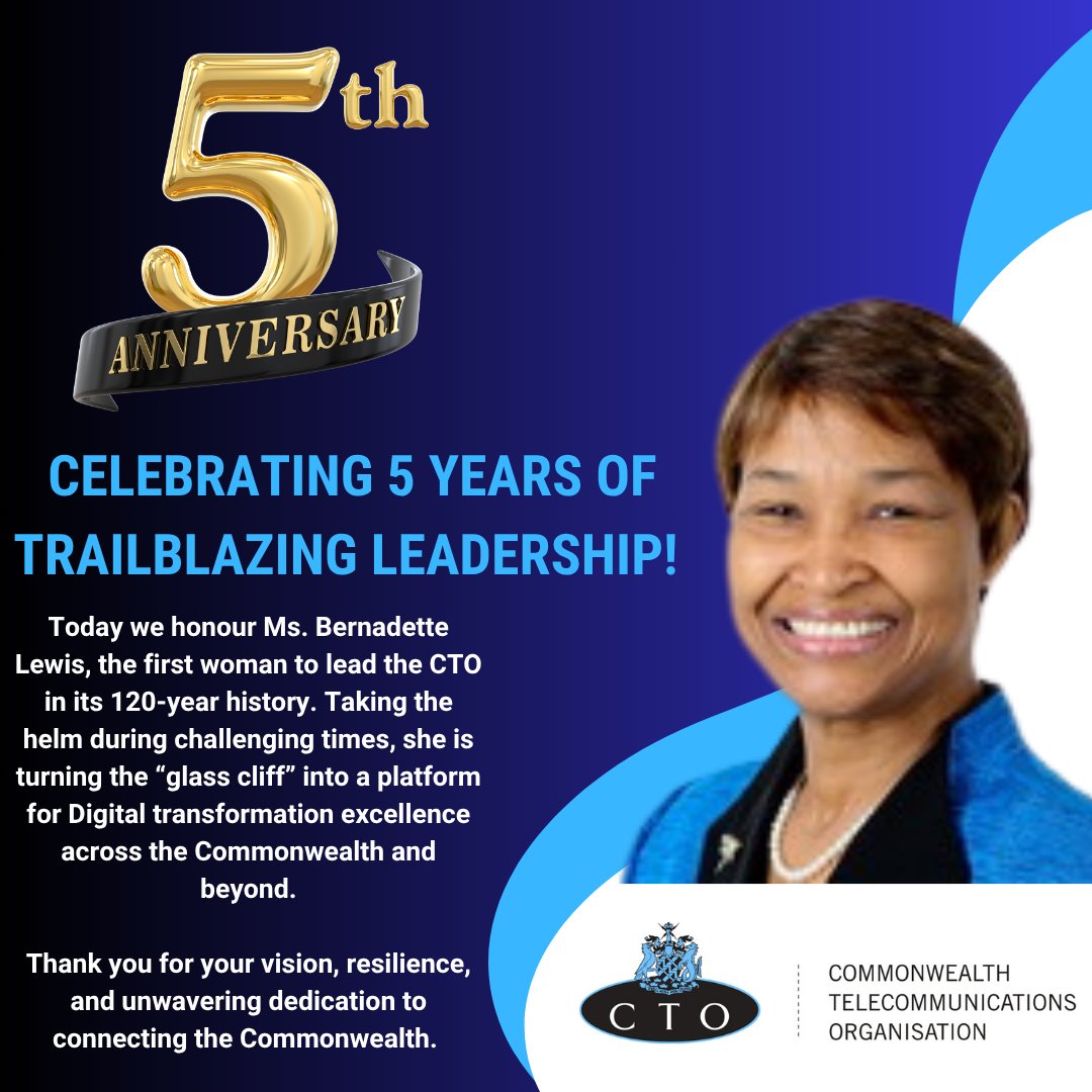 The Commonwealth Telecommunications Organisation celebrates Ms. Bernadette Lewis’s 5-year milestone as its first female Secretary-General, recognising her leadership in advancing digital transformation across the Commonwealth.

#CTO #Leadership #Anniversary #Trailblazer