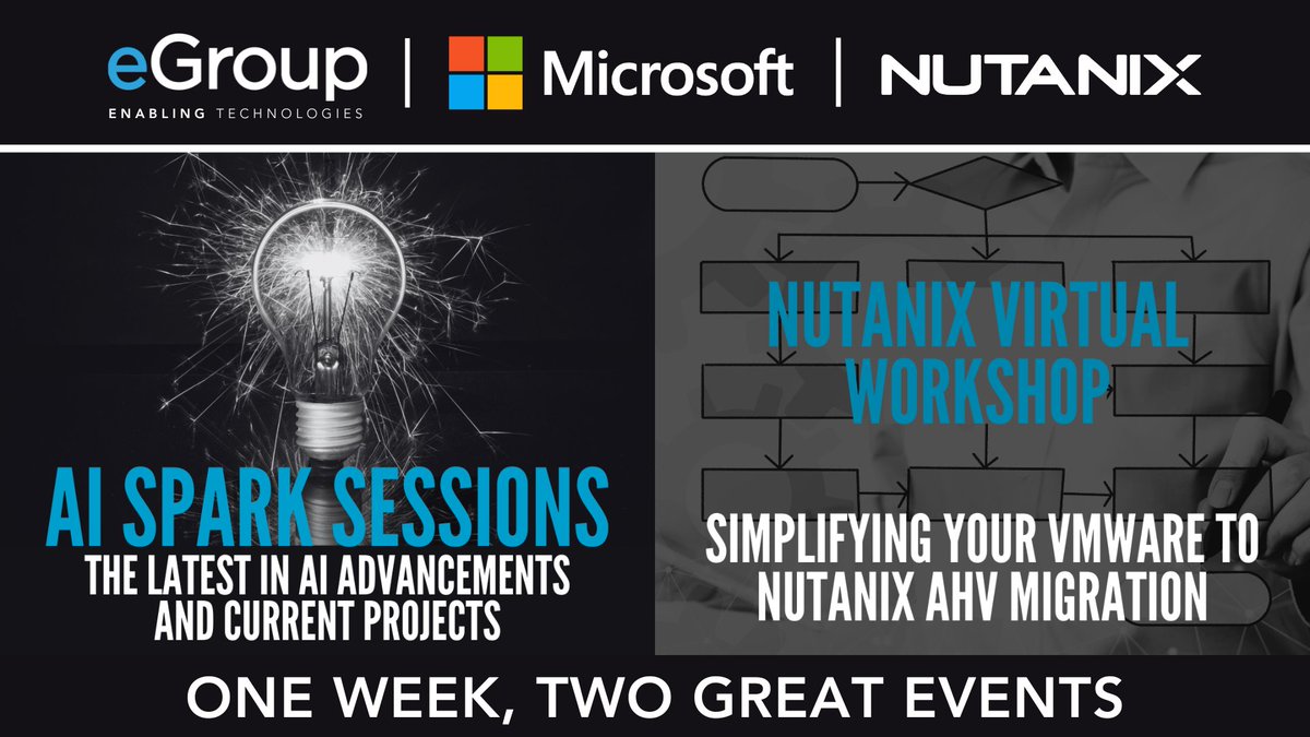 We’ve got a double-header coming your way this week!
 
⚡️ AI Spark Session
Topics such as <a href="/Microsoft/">Microsoft</a> #Copilot, Intelligent #Agents, and #Azure #AI Services.
🔗 bit.ly/3Uh4l3x
 
💻 Virtual Panel: Migrating from #VMware to <a href="/nutanix/">Nutanix Inc.</a> #AHV 
🔗 bit.ly/4li8Dm0